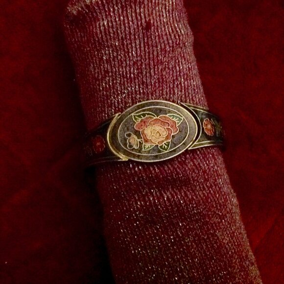 Vintage Cloisonne Purple Enamel Rose Design Floral Hinged Clapper Bracelet - Picture 7 of 7